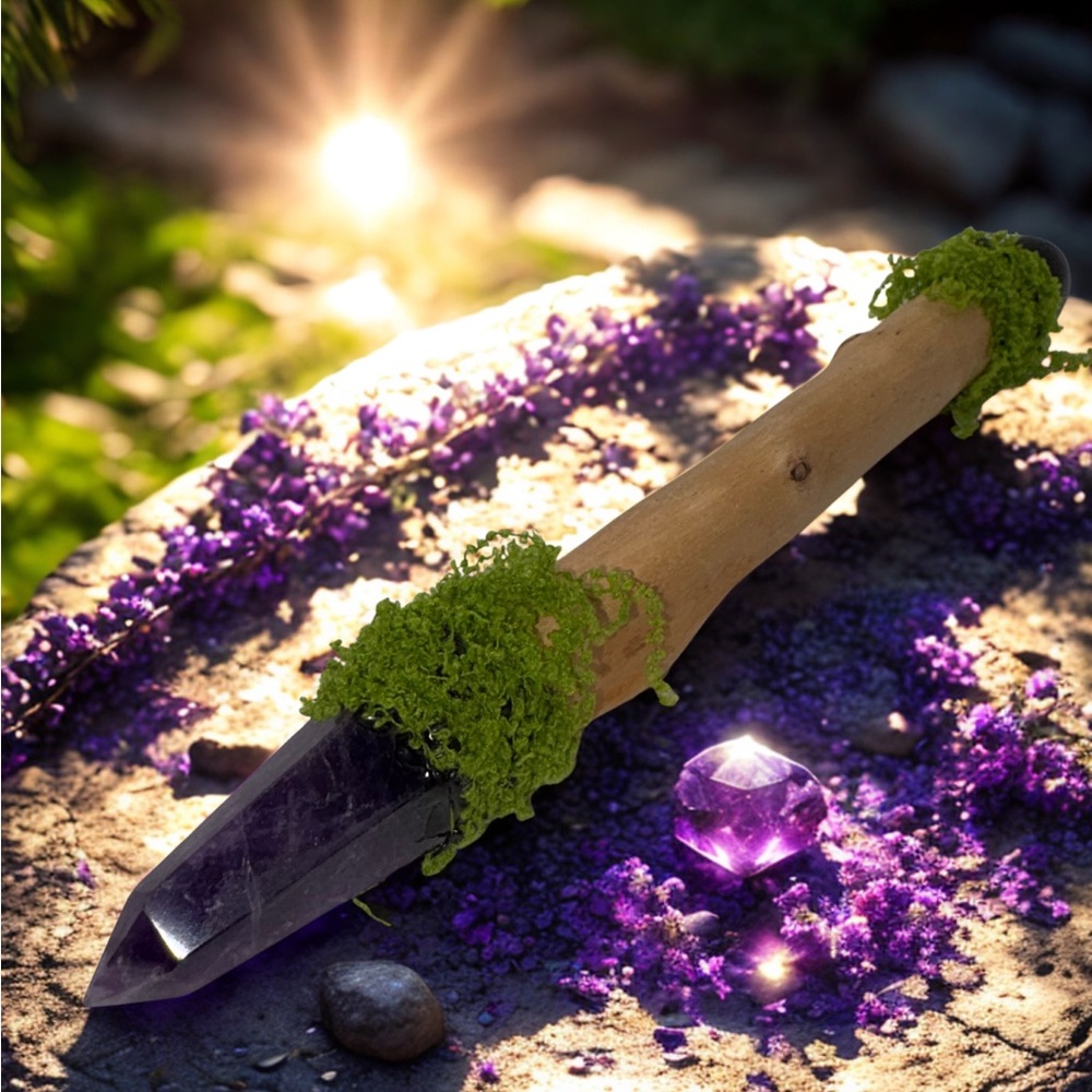 Nature-Inspired Crystal Wand – Amethyst & Obsidian | OOAK | 9” Long | Handmade
